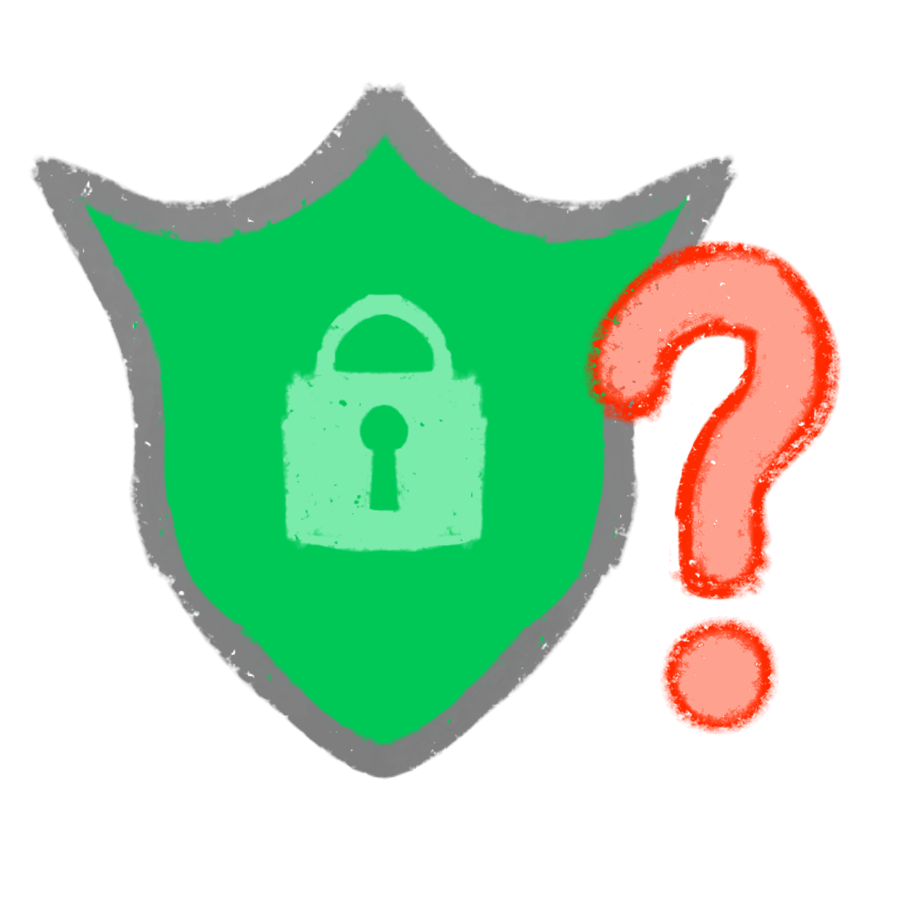 a green shield with a padlock on it and a red question mark next to it.